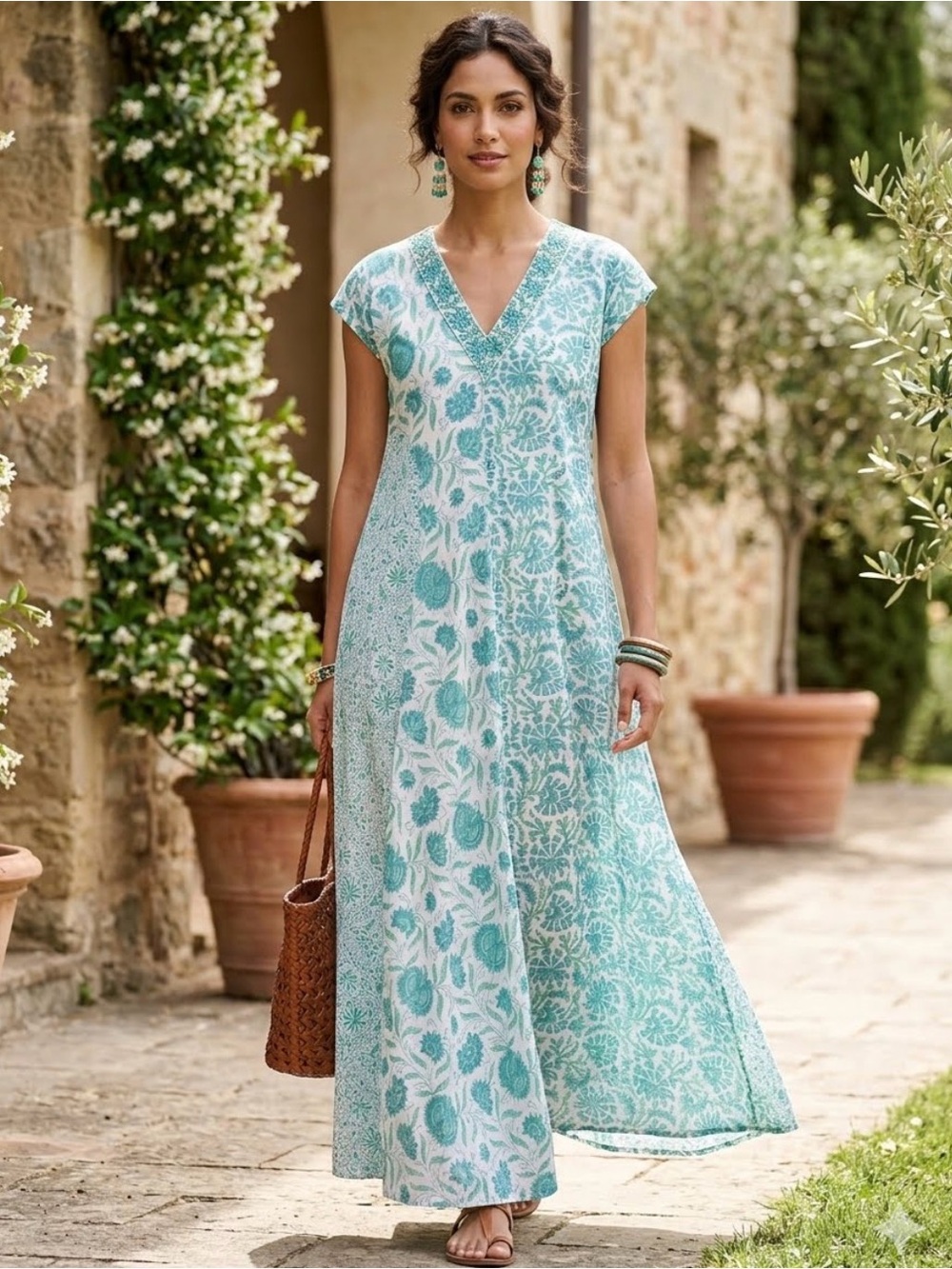 Bella Tu Caftan Dress Blue Floral Cap Sleeve Boho V-Neck Maxi Dress Size M